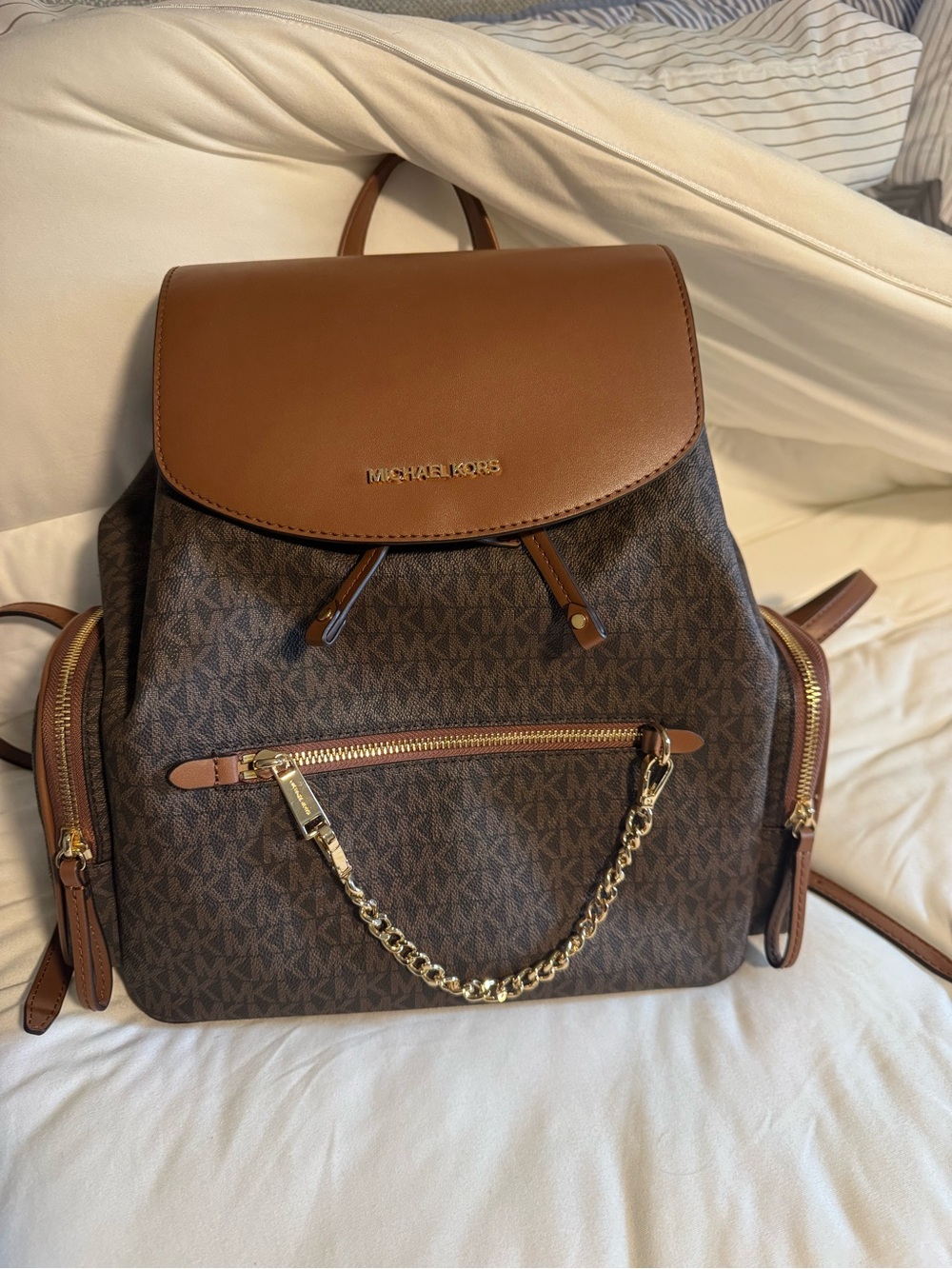 Michael Kors Brown/Gold Signature Canvas Backpack with Chain Detail